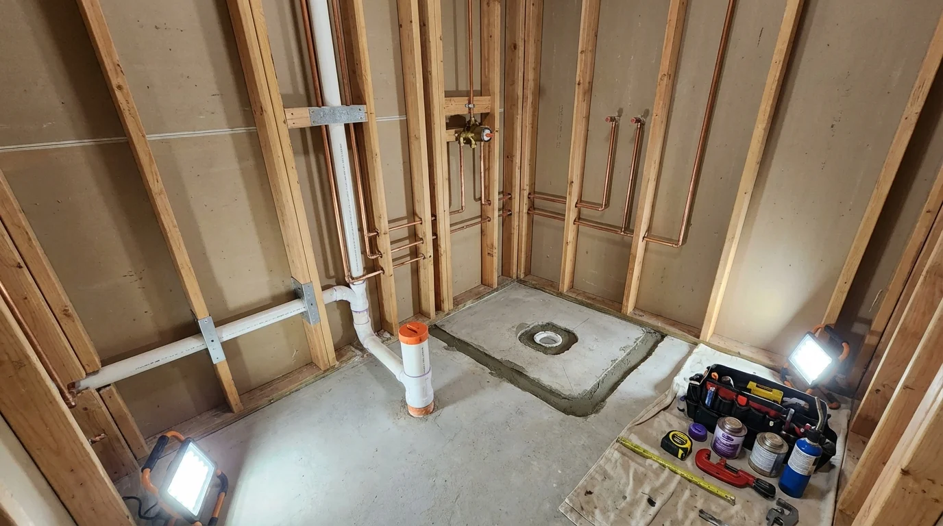 Bathroom rough-in plumbing during remodel by Johns Plumbing LLC in West Yarmouth