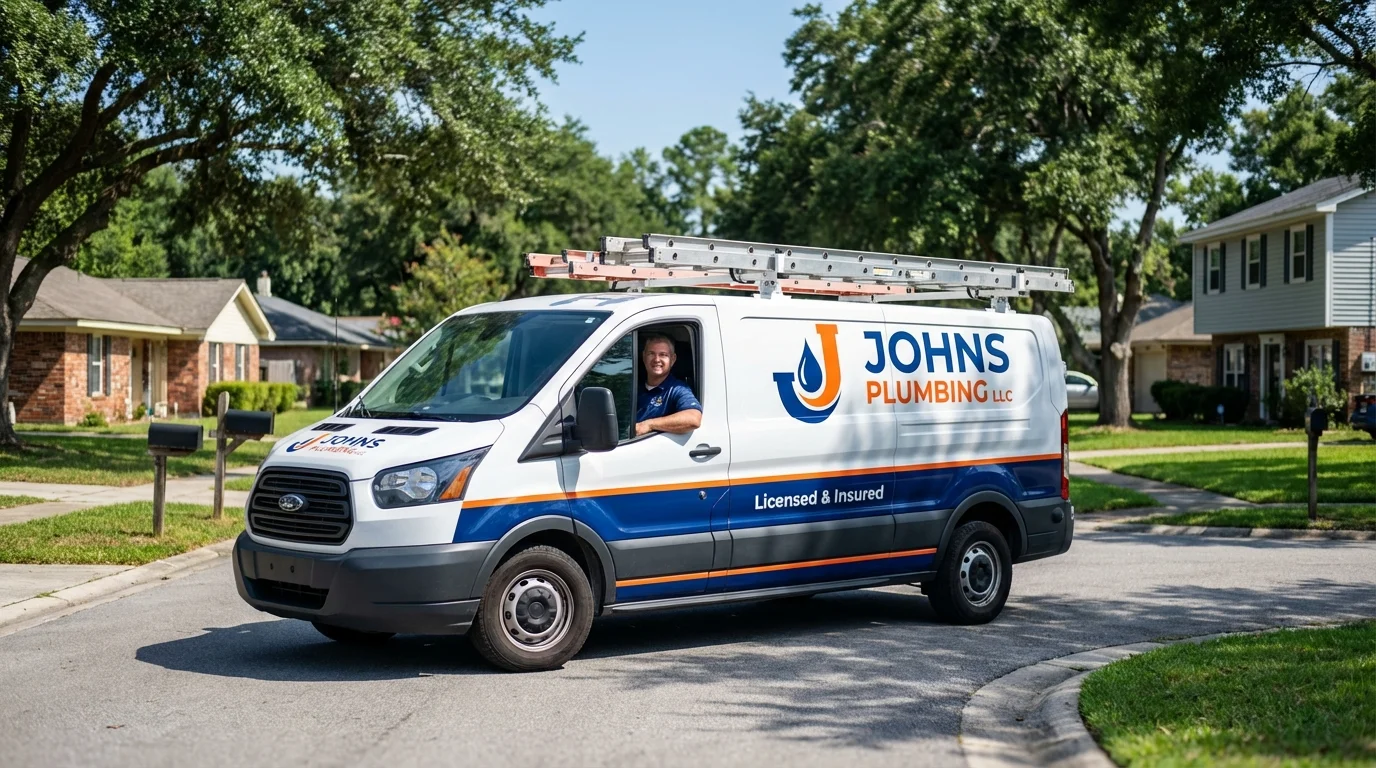 Johns Plumbing LLC service van in West Yarmouth, MA