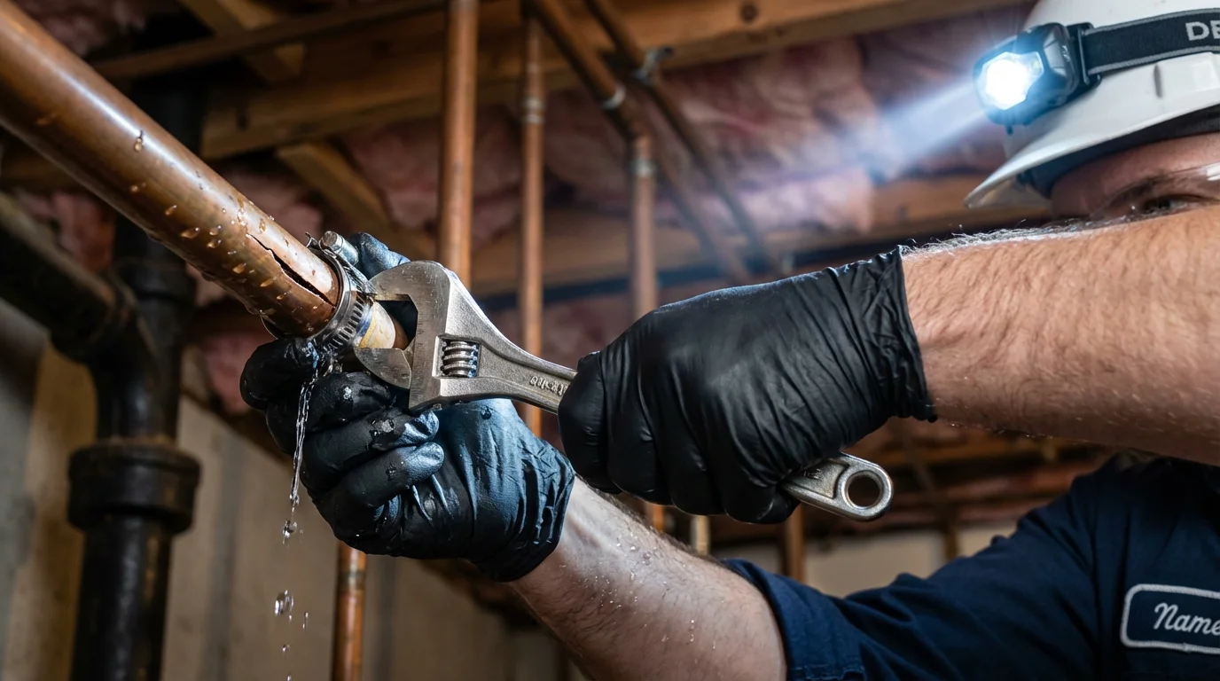 Emergency pipe clamp repair being performed by a Johns Plumbing LLC plumber in West Yarmouth