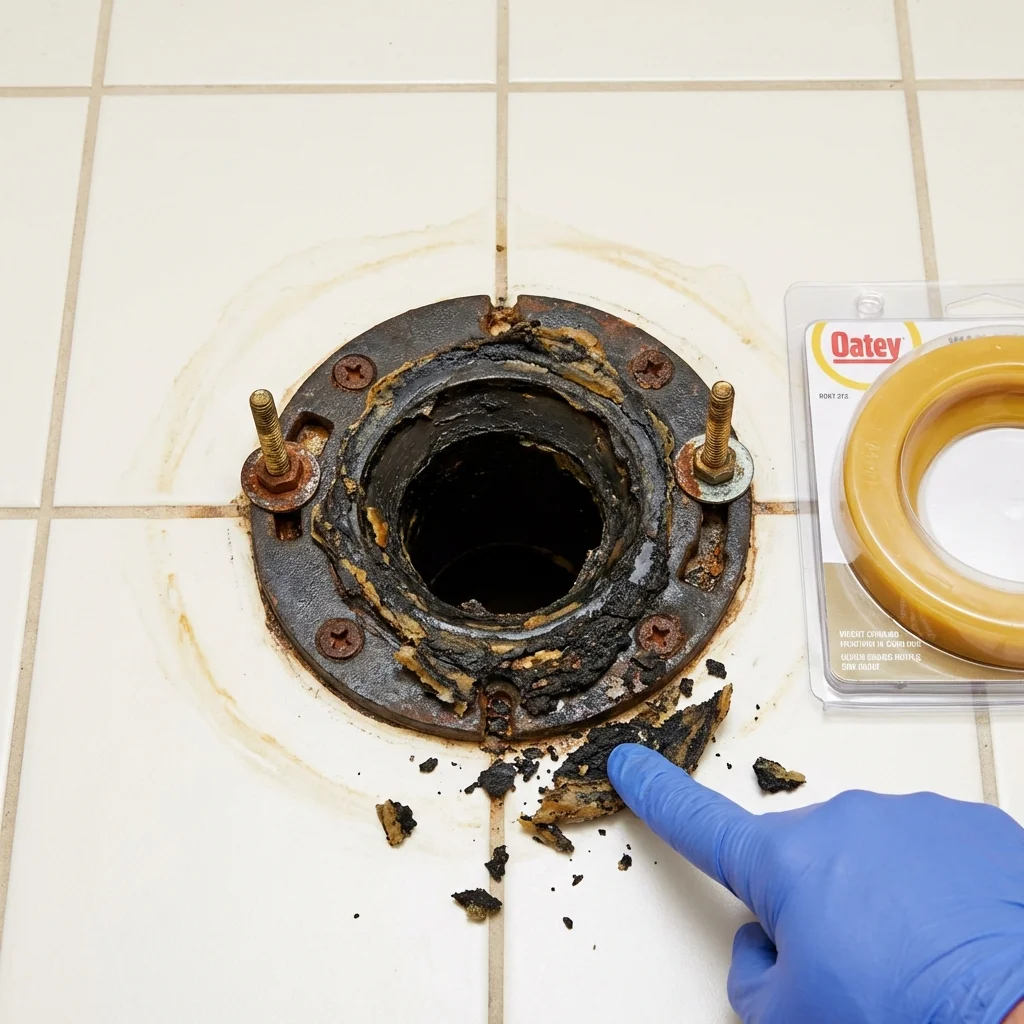 Failed wax ring showing water seepage at the base of a toilet in a West Yarmouth, MA home