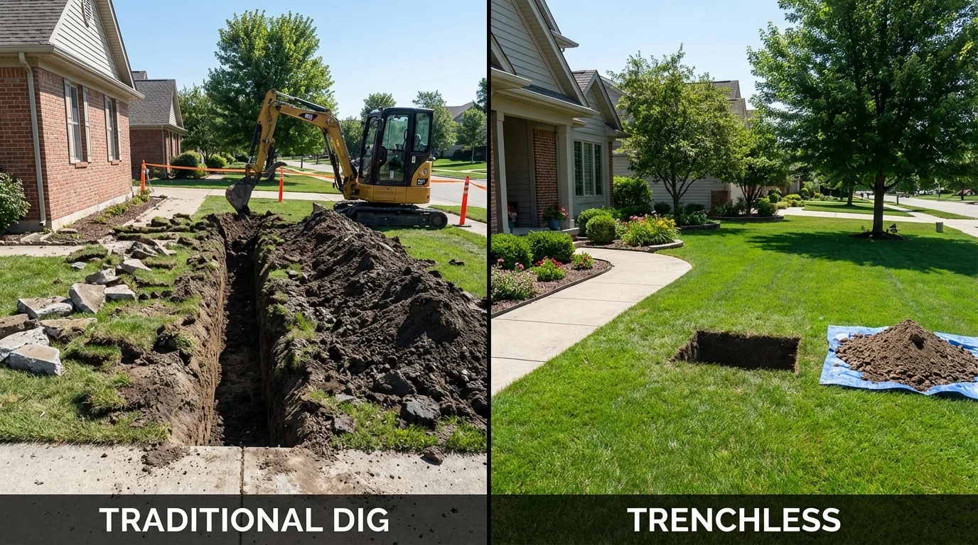 Trenchless sewer repair with minimal yard damage versus traditional excavation in West Yarmouth, MA