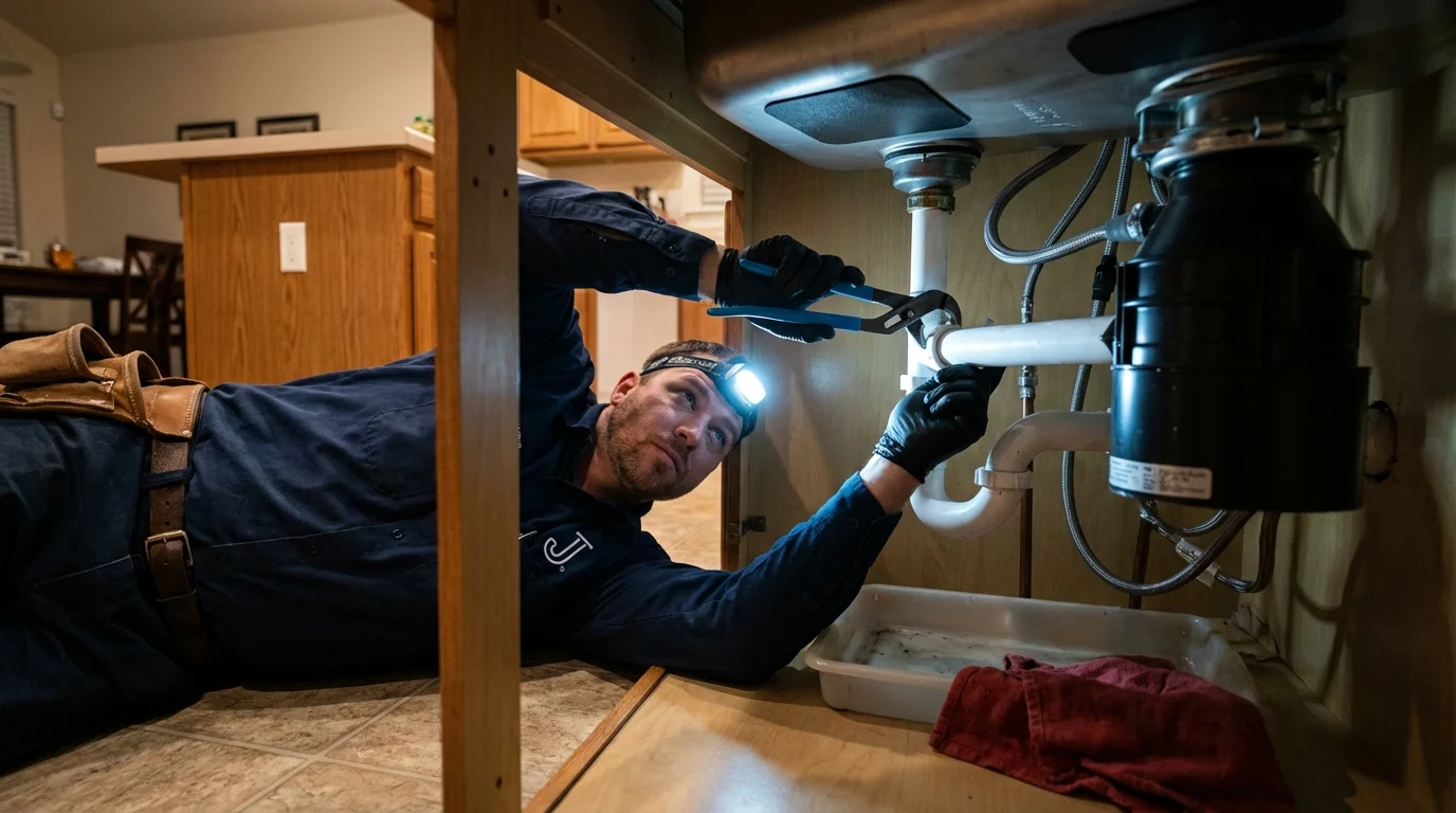 P-trap and supply line connections under a kitchen sink showing a common leak point in West Yarmouth, MA